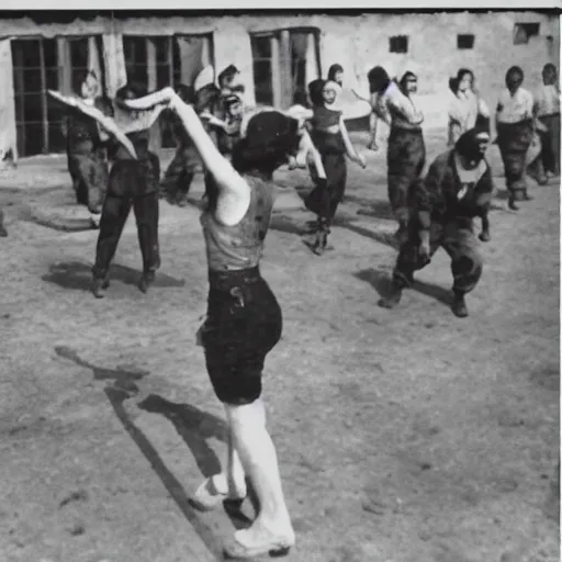 Image similar to shantae dancing in prison camp, wwii, full color photo
