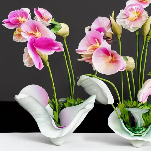 Image similar to genetically modified blend of rose lily carnation orchid ranunculus anenome, floral arrangement in futuristic!! vase made of mother of pearl, architectural digest, year 2 3 0 0