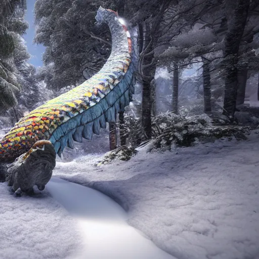 Image similar to a snow dragon on a path in a snowy montain. modern ultra realistic graphics and ray - tracing, atmosphere, octane render, depth of field, unreal engine 5, full of color, ultra high detail, ultra realistic, 8 k