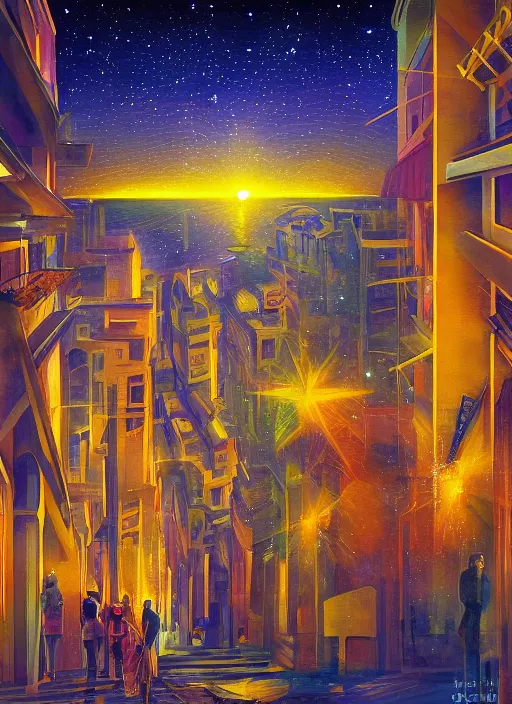 Image similar to ethereal starlit city at sunset, italian futurism, da vinci, hd, digital painting