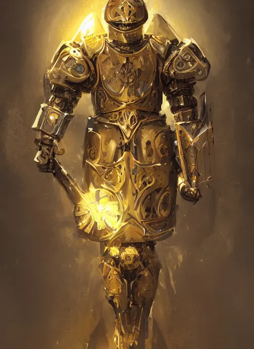 Image similar to dynamic attack position abstract portrait of a intricate glorious holy mechanical warforged character in yellow armor holding a paladin engraved great longsword drawn and carrying a big paladin shield, beam from eye , face in focus, epic , trending on ArtStation, masterpiece, cinematic lighting, by Ross Tran and by Greg Rutkowski