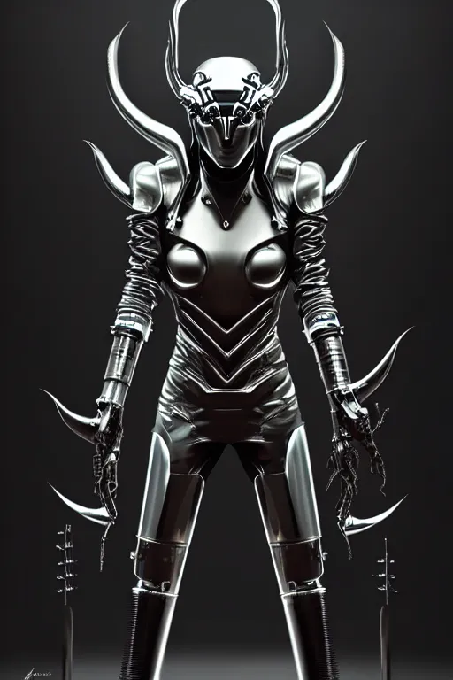 Image similar to chrome futuristic cyborg with curved metal horns, chrome motorcycle parts, dark art, full body, loki horns, diffuse lighting, fantasy, intricate, elegant, highly detailed, lifelike, photorealistic, digital painting, artstation, illustration, concept art, smooth, sharp focus, art by John Collier and Albert Aublet and Krenz Cushart and Artem Demura and Alphonse Mucha