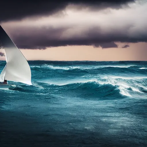 Image similar to A tiny sailboat moving towards a huge scary storm, large waves, lighting strikes, dramatic lighting, postprocessing, professional photography, DSLR, HDR, 4K