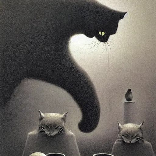 Prompt: cats having a party by zdzisław beksiński