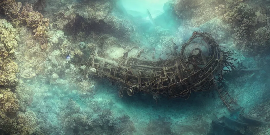 Image similar to a underwater ship ruins covered by corals, godrays, epic image, path traced, shipwreck, hyperrealistic, concept art, octane render, unreal engine 5, some fish, centered, symmetrical, low contrast, cinematic, soft lighting, high coherence, digital painting, masterpiece, digital art, serene scenery, old, elegant