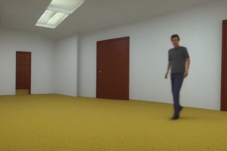 Prompt: vhs video effect | 3 d render of jerma 9 8 5, jerma walking around in the backrooms, jerma walking in endless halls of completely empty office space with worn light mono - yellow 7 0 s wallpaper, old moist carpet, and inconsistently - placed fluorescent lighting | liminal space | non - euclidean space | high octane | blender