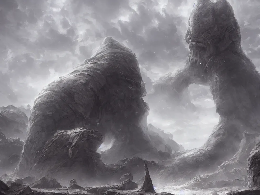 Image similar to a colossal stone giant crumbling to the ground and swept away by wind, digital painting, trending on artstation, deviantart, 8k, epic composition, intrinsic details, perfect coherence