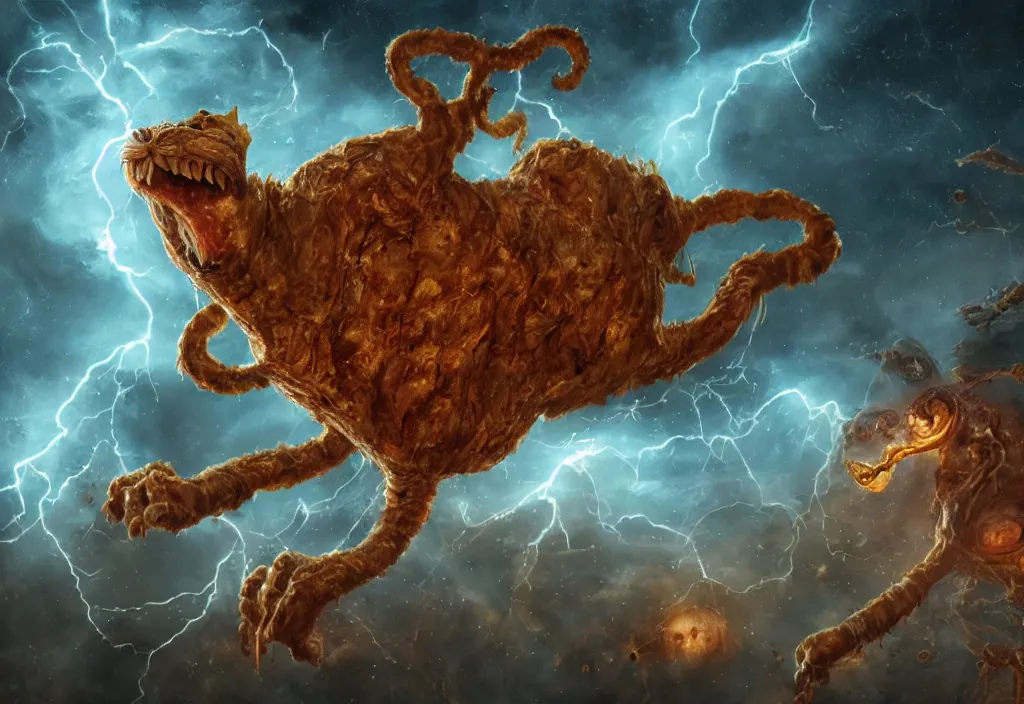 Image similar to eldritch horror bloody garfield in space, hd, 8 k, giant, epic, realistic photo, unreal engine, prophecy, powerful, cinematic lighting, destroyed planet, debris, violent, sinister, ray tracing, dynamic, epic composition, dark, horrific, teeth, grotesque, monochrome drawing, hellscape, corpses, foreboding, lightning, garfield cartoon eyes