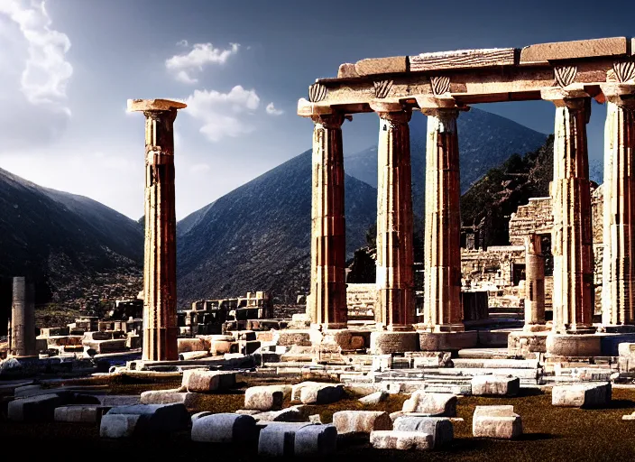 Prompt: reconstruction of the ancient temple of apollo at delphi, award winning photography, trending on artstation