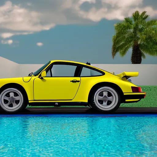 Image similar to a yellow 1 9 8 5 porsche 9 1 1 turbo in a palm beach swimming pool, 3 d render, unreal engine, 4 k