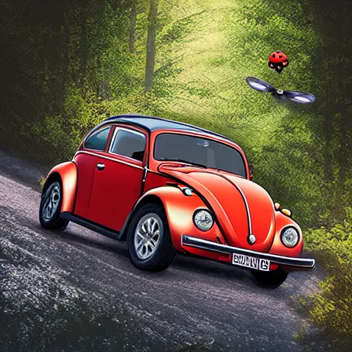 Image similar to promotional scifi - blockbuster movie scene of an insect - ladybug is mostly melded with a'glossy volkswagen beetle '. it wings and is flying down a dusty backroad along a gentle creek in smokey mountains tennessee. cinematic, muted dramtic color, 4 k, imax, 7 0 mm, hdr