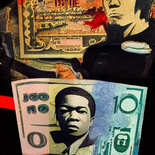 Image similar to joe louis on dollar bill by basquiat, trending pixiv fanbox, acrylic palette knife, style of makoto shinkai takashi takeuchi yoshiyuki sadamoto, fantasy character portrait, ultra realistic vfx, intricate details, artifacts, highly detailed,, highly detailed, cinematic lighting, unreal