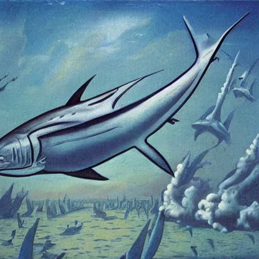 Image similar to swordfish will be our new overlords when the levees break, a dystopian jean dupas painting