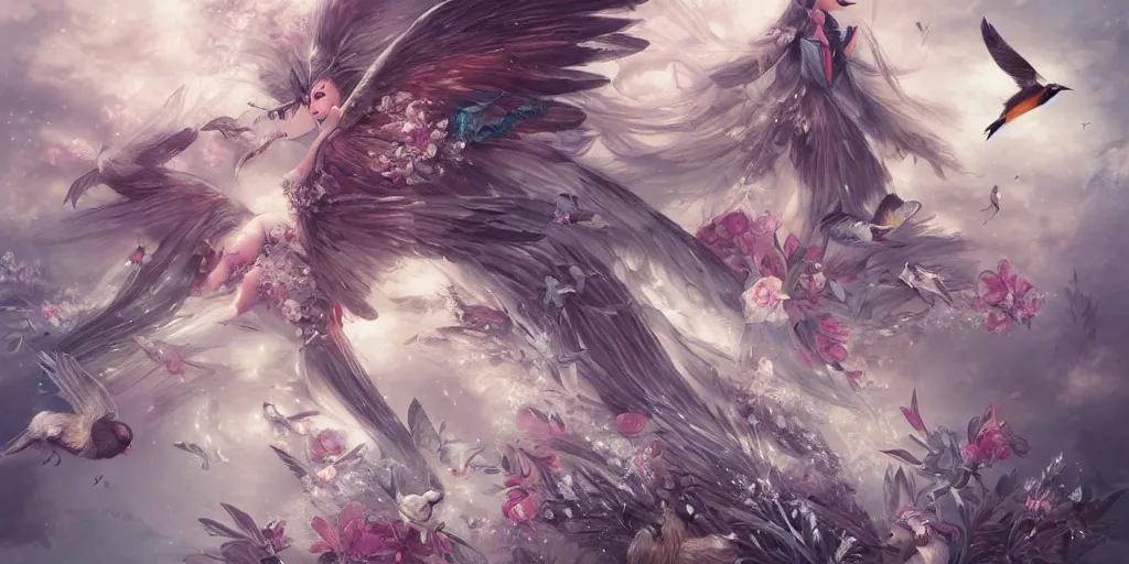 Image similar to A flock of birds transforming into a beautiful princess by ross tran, hyper-detailed, intricate, wide angle, beautiful, fantasy, concept art