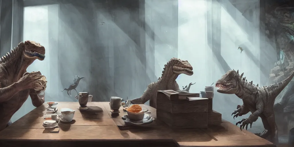 Prompt: an english man and a dinosaur having breakfast in the morning, light coming through window, hitting on the table, they sat on a chair, in the style of harry potter, volumetric lighting, cinematic composition, 8K wallpaper, hypermaximalist, hyper realistic, super detailed, octane,illustration, art by Krenz Cushart, fantasy, intricate, elegant, highly detailed, digital painting, artstation, concept art, smooth, sharp focus, illustration