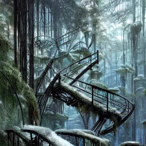 Image similar to stairs leading to a frozen derelict portal in a middle of a snowy lush futuristic forest, green lush world seen only through a portal, daylight, cinematic lighting, blue sky, syd mead, john harris