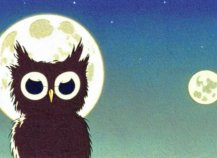 Prompt: a still from a studio ghibli movie of a cartoon owl from princess mononoke ( 1 9 9 7 ) firing laser beams from its eyes in front of a pale full moon, full body, wide shot, very dull muted colors, studio ghibli, highly detailed, deviantart, art by artgem