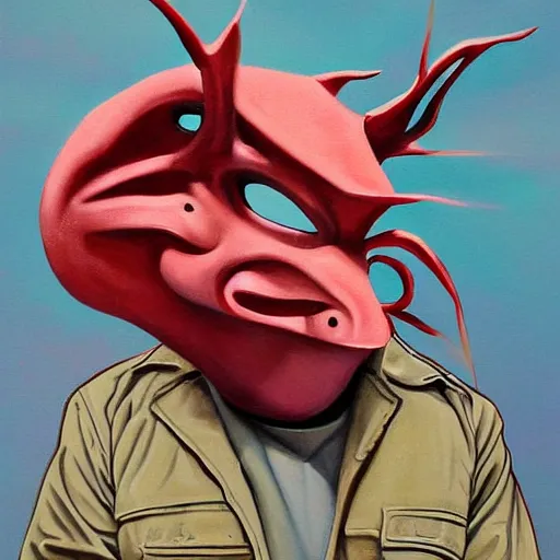 Image similar to man wearing axolotl mask. detailed painting by derek riggs.