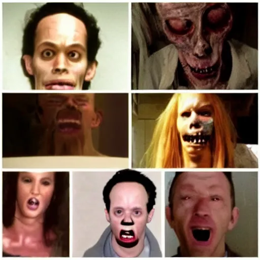 Prompt: big forehead, horrifying, killer, creepy, dead, monster, tall, skinny, open mouth, deathly