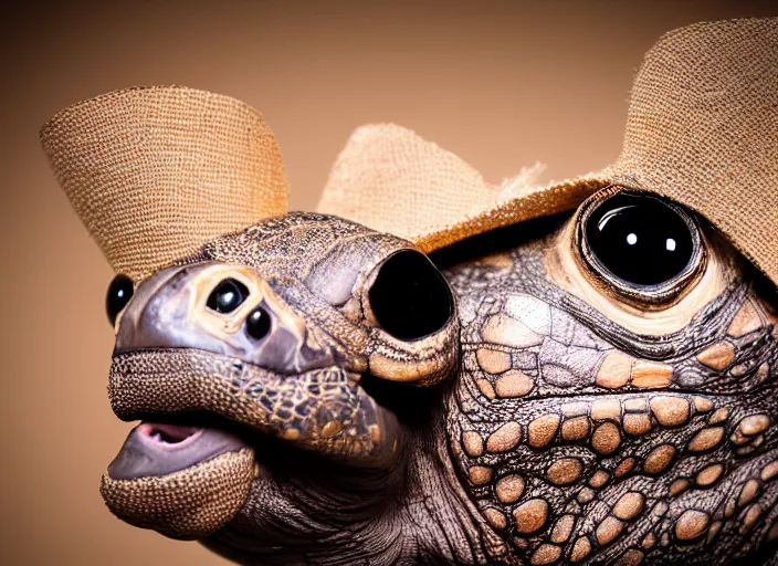 Image similar to photo still of a tortoise wearing a top hat and bowtie, 8 k, studio lighting bright ambient lighting key light, 8 5 mm f 1. 8