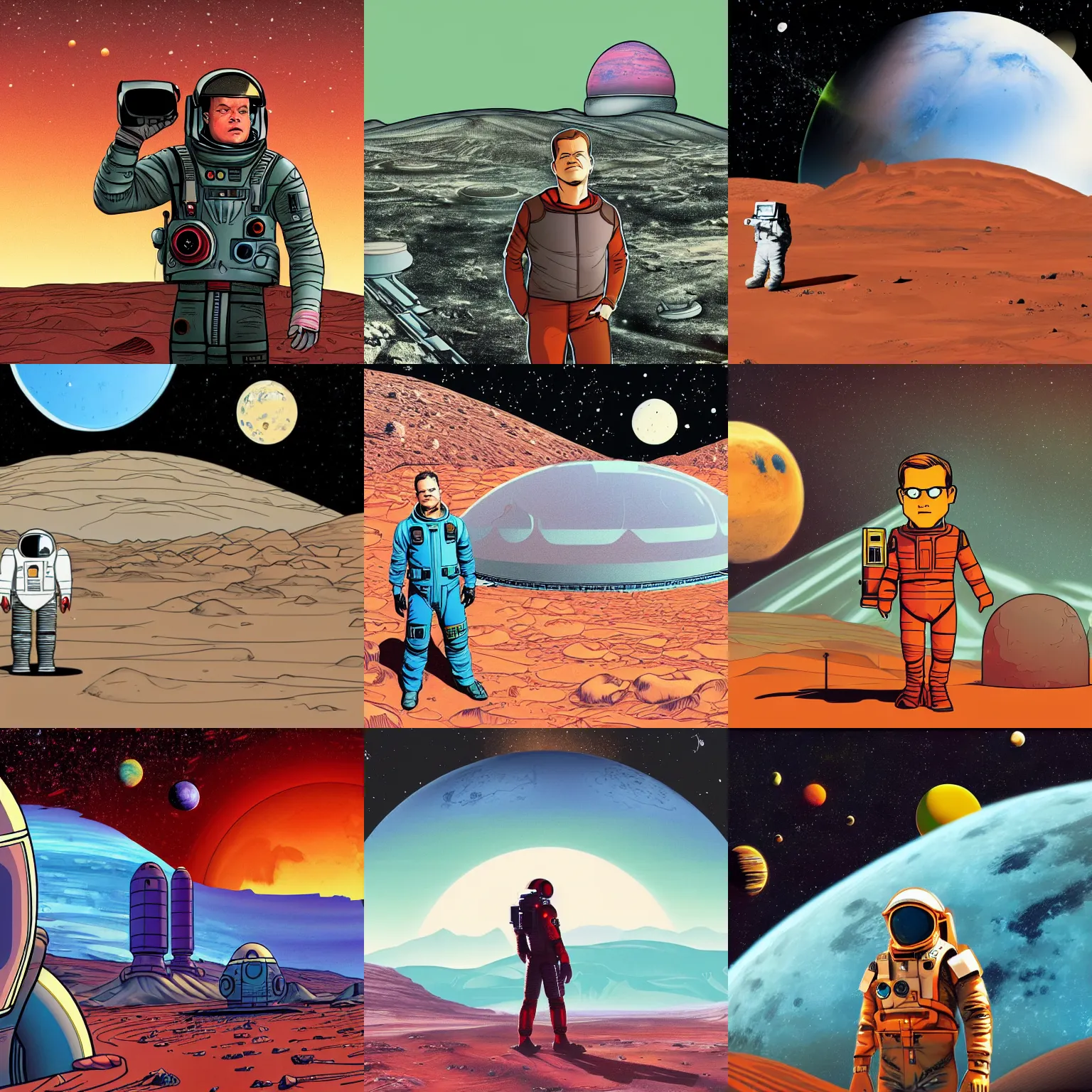 Prompt: matt damon near martian colony station, mars and space background, in style of retro futuristic comics, drawing, colorfull