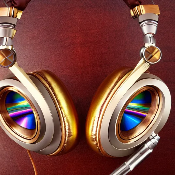 Image similar to masterpiece photo of beautiful crafted artistic bismuth metal headphones, bismuth rainbow metal, bismuth cups, leather padding, displayed on mahogany desk, modernist headphones, bismuth headphones beautiful well designed, hyperrealistic, audiophile, intricate hyper detail, extreme high quality, photographic, meze audio, sennheiser, hifiman, artstation, abyssal audio