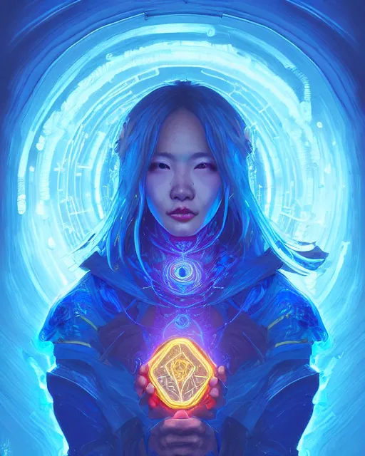 Image similar to perfectly - centered!! looking at the camera!!! full body portrait of the female blue mage, bright lighting, intricate abstract upper body intricate artwork, by tooth wu, wlop, beeple, dan mumford. concept art, hearthstone mastered art