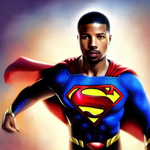 Image similar to michael b jordan as superman, digital painting, extremely detailed, 4 k, intricate, brush strokes, mark arian, artgerm, bastien lecouffe - deharme