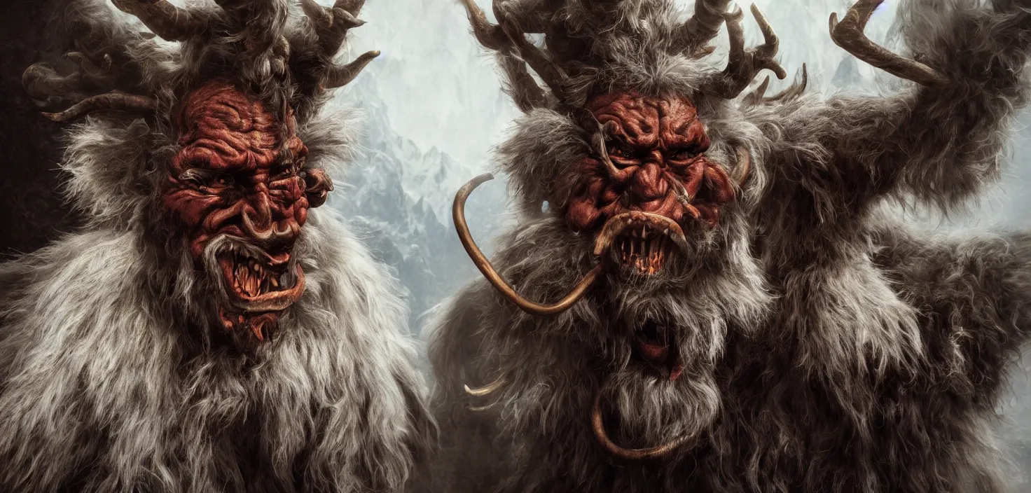 Prompt: hyperrealist highly detailed neo-baroque photography portrait of krampus standing in dolomites concept art pascal blanche dramatic studio lighting 8k wide angle shallow depth of field