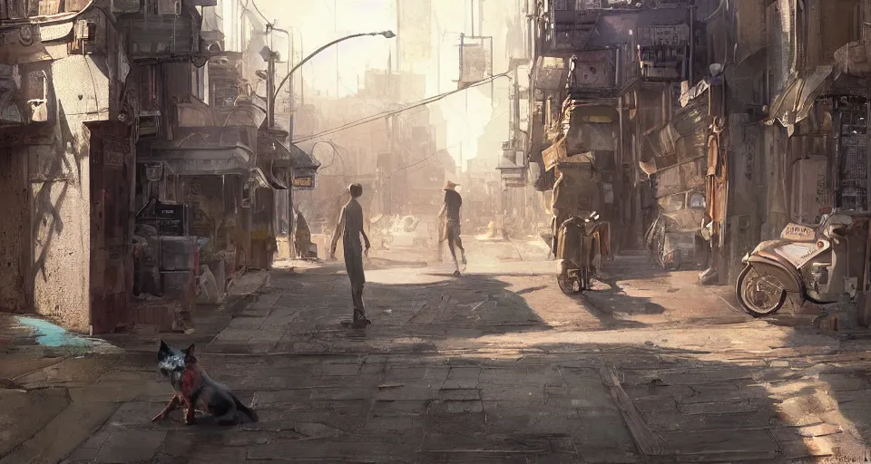 Image similar to craig mullins and ghibli digital art of american city, street, 1 9 2 0, sunset alley, the half - human, half - cat monster watches you, its body hidden in the shadow unreal engine, hyper realism, realistic shading, cinematic composition, realistic render, octane render, detailed textures, photorealistic, wide shot