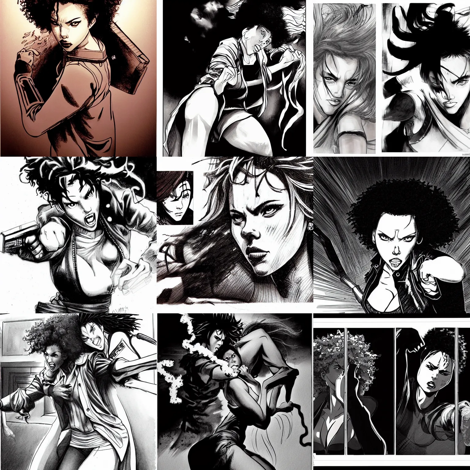 Prompt: scarlett johansson with angry expression judo throws halle berry through wall. dramatic lighting, afro samurai anime style, pencil and ink manga drawing, both characters centered in panel, realistic