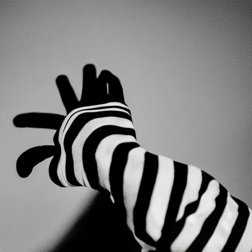 Prompt: black and white photography of a face and hands pushing outward from behind a high contrast black and white striped thin sheet