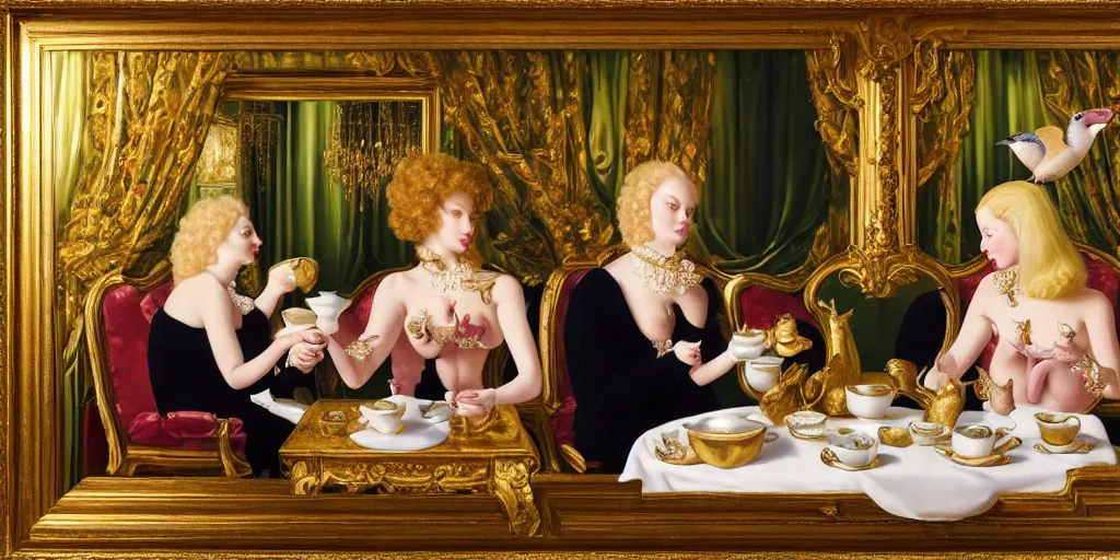 Prompt: a blonde and a mallard and a pig having tea at the ritz, abstract oil painting by gottfried helnwein pablo amaringo raqib shaw zeiss lens sharp focus high contrast chiaroscuro gold complex intricate bejeweled