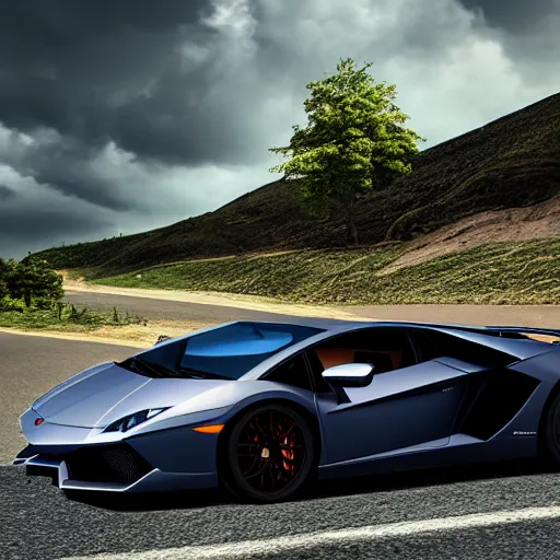 Image similar to super realistic supercar lamborghini on a road, 4k, 8k, hdr, full hd, high quality textures, high quality shadows, high quality lightning, intense world lightning, HDR, global illumination, post processed, hyperrealistic, photorealistic, photo realistic, realistic, detailed sky