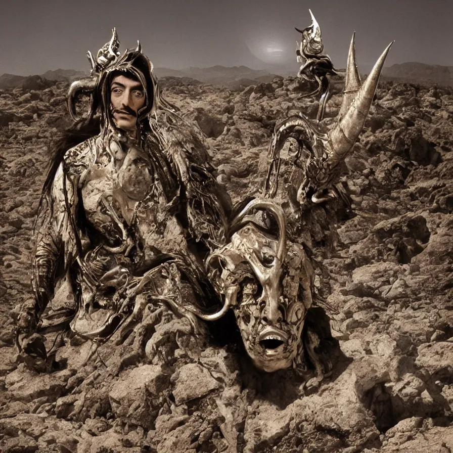 Prompt: portrait of salvador dali wearing a horned crown and jewels in a dry rocky desert landscape, alien spaceship by giger in the landscape, film still from the movie by alejandro jodorowsky with cinematogrophy of christopher doyle and art direction by hans giger, anamorphic lens, kodakchrome, very detailed photo, 8 k