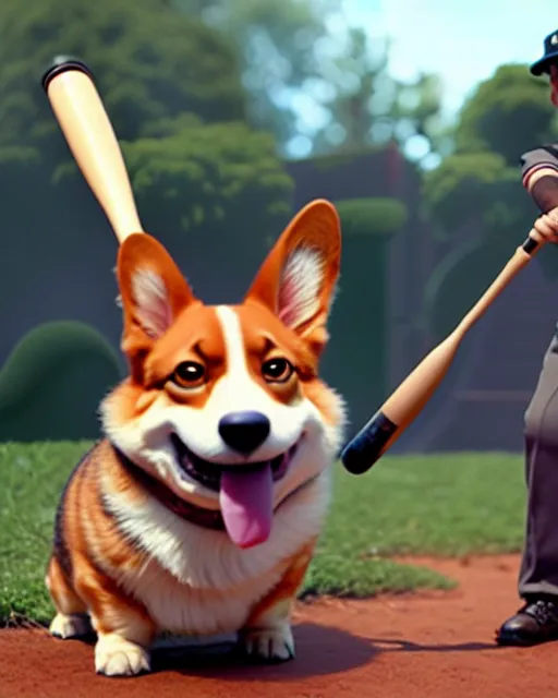 Prompt: weta disney pixar movie still photo of funny corgi with baseball bat : : dog by pixar : : by weta, greg rutkowski, wlop, ilya kuvshinov, rossdraws, artgerm, marvel, maxim cover, latex, octane render, sweaty, iridescent, bright morning, anime, liosh, mucha : :