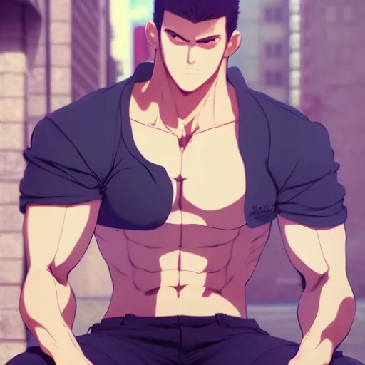 Image similar to a handsome muscular man wearing fashionable street attire, sitting down casually, square masculine facial features, short messy hair, intimidating appearance, 3 d octane render, unreal engine 5, ultra high detail, cel shaded, trending on pixiv fanbox, by greg rutkowski makoto shinkai takashi takeuchi studio ghibli, akihiko yoshida
