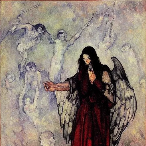 Prompt: aesthetically pleasing image of the whitewinged angel of death wearing a crimson and black robe descending on the lonesome faceless phantoms in their graves paul cezanne arthur rackham norman rockwell oil painting