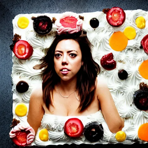 Image similar to aubrey plaza as a birthday cake : : highly detailled food photography,