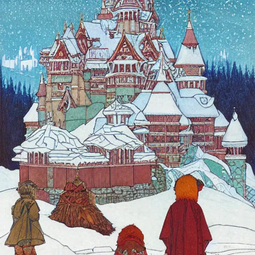 Image similar to detailed ivan bilibin and edmund dulac and ilya kuvshinov and katsuhiro otomo inspired print of a castle in winter