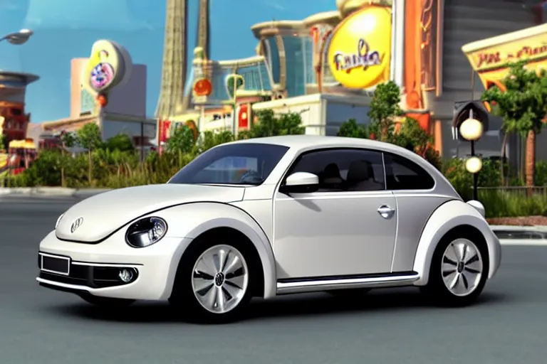 Image similar to a wholesome animation key shot of!! one!! focused!! vw beetle superbug!! in shiny reflective stainless steel, in a las vegas street, medium shot, studio ghibli, ( pixar ) and disney animation, sharp, very detailed, high resolution, rendered in unreal engine 5, anime key art by greg rutkowski, bloom, dramatic lighting