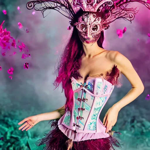Image similar to youthful water dryad fairy wearing corset and shorts, wearing intricately detailed masquerade mask on face, standing in a swirling rock pool, swirling fuschia flowers, fashion photography, costume design, illustration, symmetrical face and body, single face, perfect proportions, cinematic color grading, editorial photo, fashion, hyperrealism, Charlie Bowater, WLOP, detailed, intricate, elegant, vfx, postprocessing, octane render, 8k