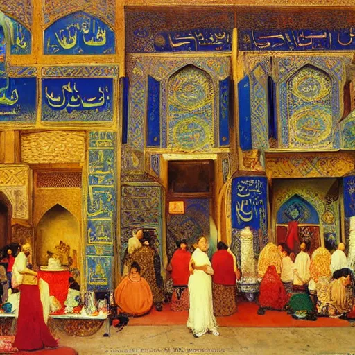 Image similar to dragons on display in a dragon auction in the grand bazaar of isfahan by edwin lord weeks