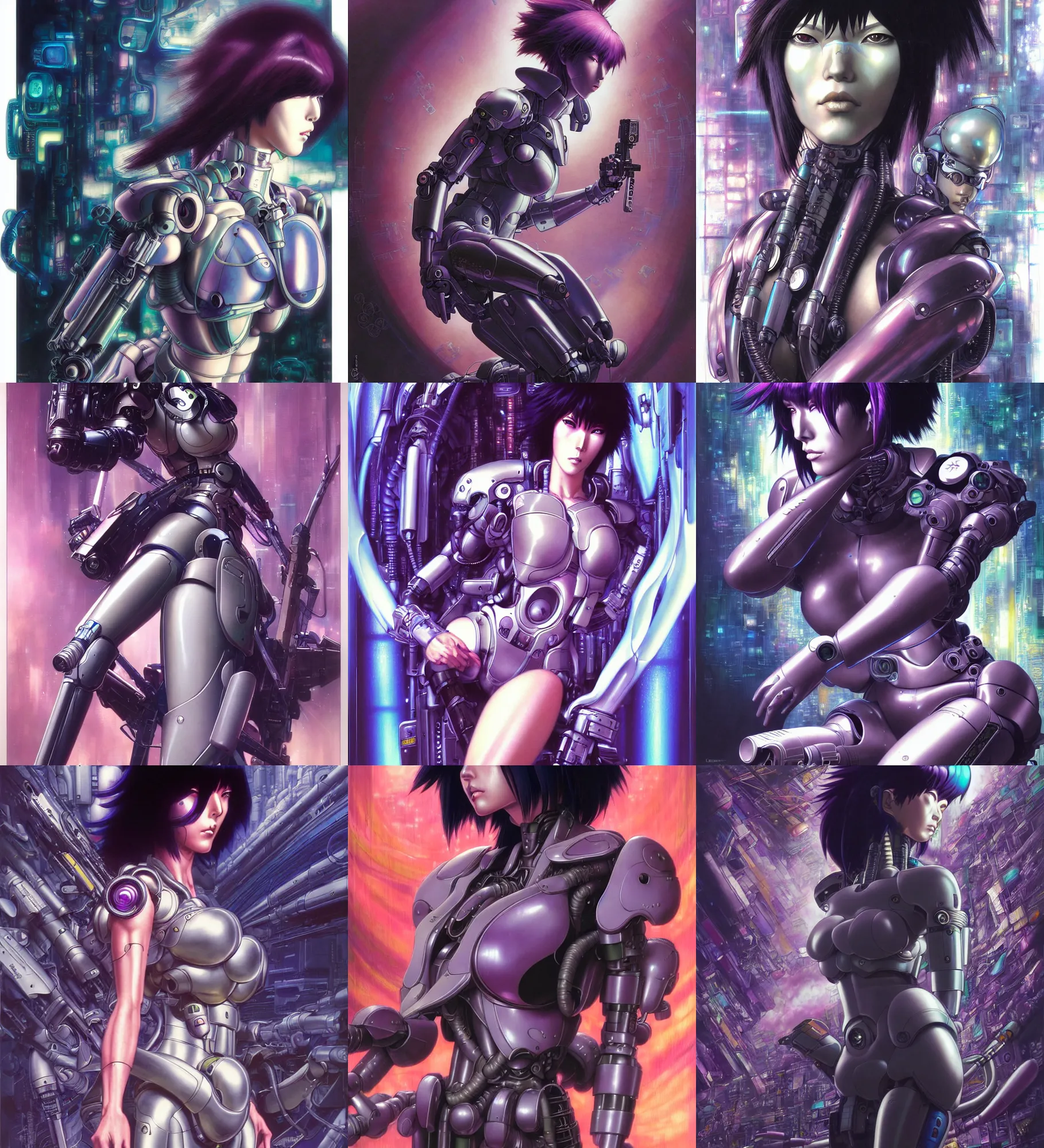 Prompt: masamune shirow psychedelic fantasy character portrait of cyborg motoko kusanagi, ghost in the shell, ultra realistic, wide angle, intricate details, highly detailed by peter mohrbacher, wayne barlowe, boris vallejo, hajime sorayama aaron horkey, gaston bussiere, craig mullins
