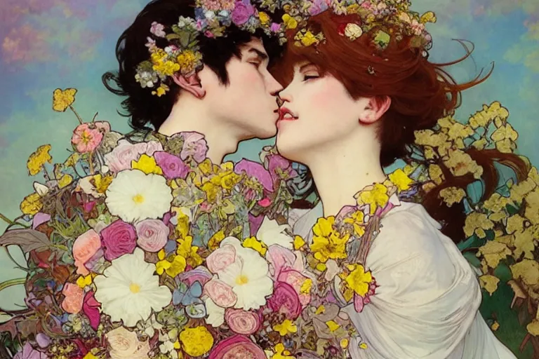 Image similar to the groom kisses the bride at a wedding full of flowers, bright and happy, dreamlike art, highly detail, 4 k realistic, wedding photoy krenz cushart. artem demura. alphonse mucha. yoji shinkawa artgerm. jon lothian. danilo torres. adi meyers. thomas reimann. gaston bussiere.