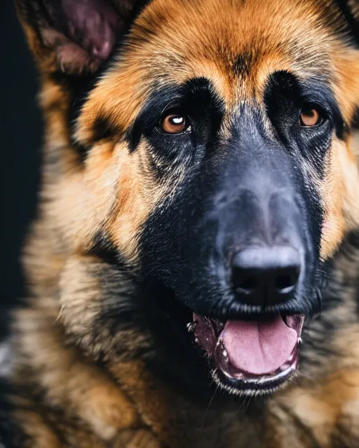 Prompt: A studio portrait of a German Shepherd dog, bokeh, 90mm, f/1.4