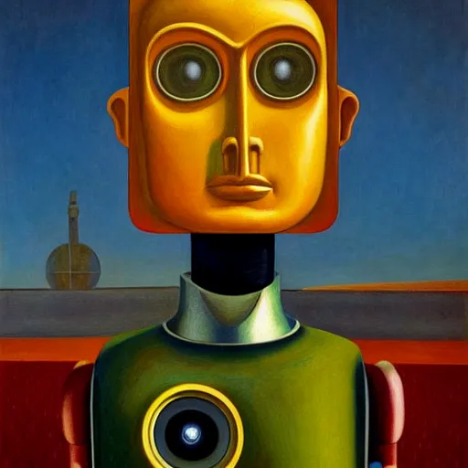 Prompt: super - intelligent robot with kind eyes portrait, grant wood, pj crook, edward hopper, surrealism, oil on canvas