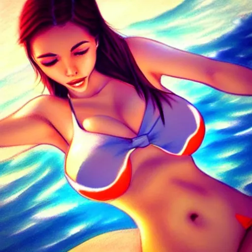 Image similar to beautiful woman in a bikini on the beach drawn by artgerm