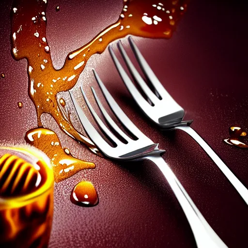 Prompt: A beautiful hyper realistic ultra detailed lifelike cinematic still of fork covered in dripping honey, unreal engine, deviantart, flickr, artstation, octane render, textured, colorful, extreme realistic detail, physically based rendering, pbr render, very detailed, volumetric lighting, detailed lighting, octane render, 4k, cinematic lighting, 8k resolution