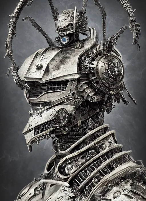 Image similar to old wetplate daguerreotype frame portrait of a futuristic silver armored evil dangerous horror knight district 9 cyborg, fractal, intricate, elegant, highly detailed, subsurface scattering, by jheronimus bosch and greg rutkowski and louis jacques mande daguerre